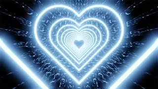 Neon Tunnel of Blue Hearts on a Mirrored Black Background. 4K Video Loop