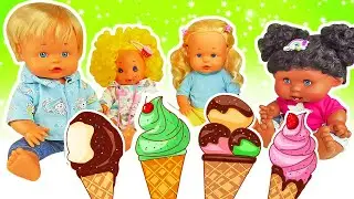 Pretend to play cooking toy ice cream for dolls & friends. Feeding baby dolls with Play-Doh food.