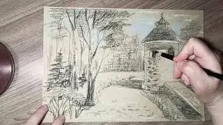Как нарисовать пейзаж акварельными карандашами.