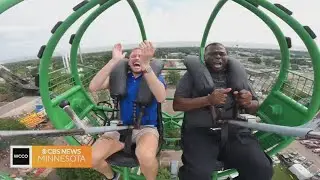 Reg Chapman, Adam Del Rosso try the slingshot at the state fair