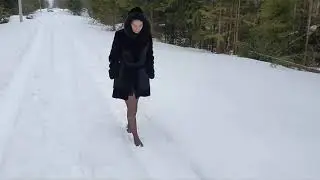black stockings in snow walk, barefoot in snow, nylon sexy feet in snow, snow pantyhose (# 174)