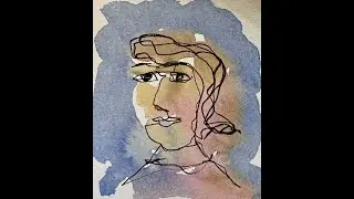 Continuous Line Portrait with Pen and Watercolor