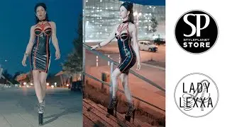 WALKING IN EXTREMELY HIGH PLEASER HEELS AND LATEX DRESS