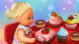 ¡Evi se come todos los dulces! Familia de Barbie y Ken. Juguetes para niñas