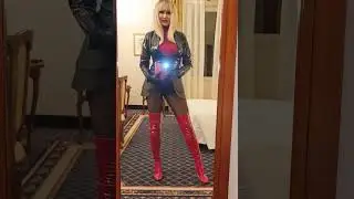 4k Granate styling, walking indoor, checking outfit in mirror, miniskirt, thigh high boots