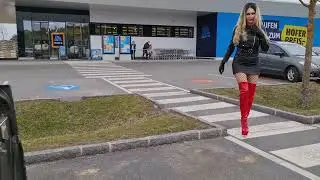 Granate Styling, walking public, returning trolley, red thigh high boots, miniskirt, high heels,