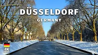 Explore snowy Düsseldorf in Germany, 4K HDR virtual winter walking tour