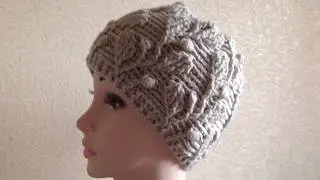 шапочка с листьями 2 вязанная рельефными столбиками, часть 1