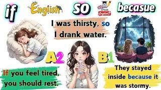📚 Learn English Conjunctions: Because, If & So | Easy A2 Sentences 🎧