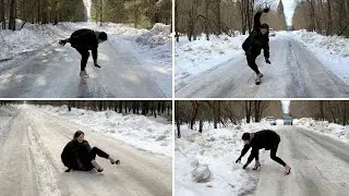 Alena BAREFOOT comparing eight pairs of high heels on very slippery wet ice, heels on ice (# 1396)