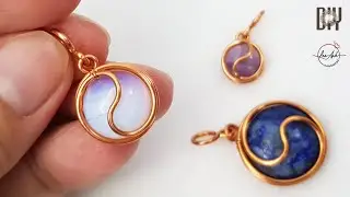 Simple Yin Yang pendant with round cabochon stone -  Wire wrap stones no hole 527