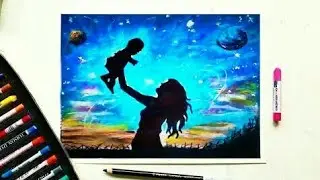 How to draw simple and beautiful scenery of moonlit night with mother love step by step