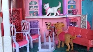 Видео с куклами, дом Барби, серия 494, собака Чаппи и кошка Блисса устроили погром в доме Барби