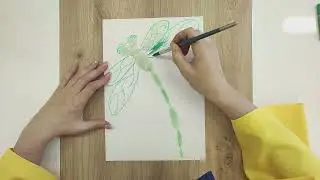 Рисунок восковыми мелками и акварелью. Стрекоза.