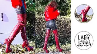 WALKING IN HIGH HEELS OVER AUTUMN LEAVES. FABULOUS OVERKNEE BOOTS AND LEGGINGS. ORIGINAL SOUND