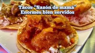 Delicious giant stew tacos in Polanco! Pork rinds in red sauce + suadero in green sauce.