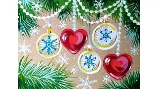 😀❤️😀Новогодняя открытка с сердечками. Рисунок гуашью на крафтовой бумаге. ❄️😊❄️