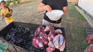 We are preparing a shish kebab from a young lamb for dinner.