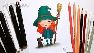 How to Draw a Cute Little Witch with a Broom and a Cat - Halloween Drawing