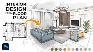 Interior View from Floor plan in Photoshop! Step by Step Digital Sketching 2023