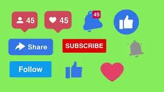 social media green screen, like, subscribe, share, follow, bell icon, animation, chroma key